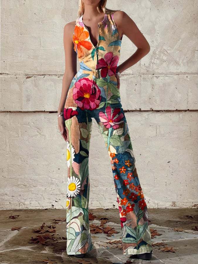 Romper Floral Print - Damskie kombinezony z wysokim stanem, zapinane